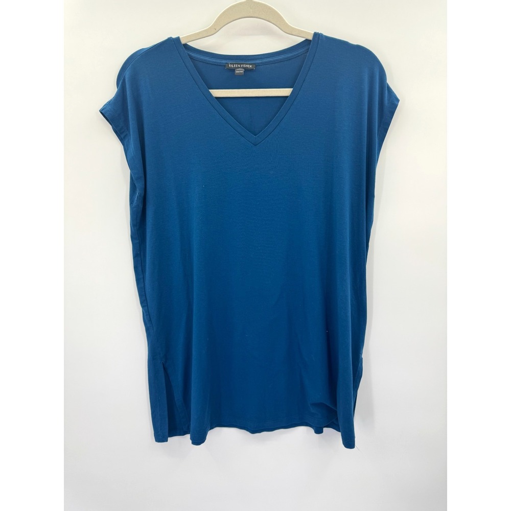 Eileen Fisher V-Neck Short Sleeve Top XXS Teal Blue Tencel Lyocell Capsule Basic